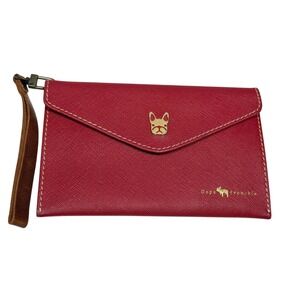 Rare Oops Frenchie Minimalist Leather Red Saffiano Wristlet Pouch Bulldog Wallet